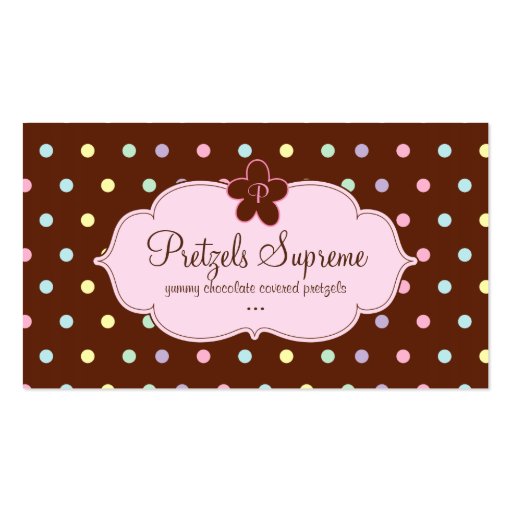 Bakery Polka Dots Chocolate Pink Floral Monogram Business Card (front side)