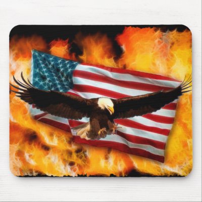 Bald Eagle, US Flag and Flames Patriotic Mousepad by RavenSpiritPrints