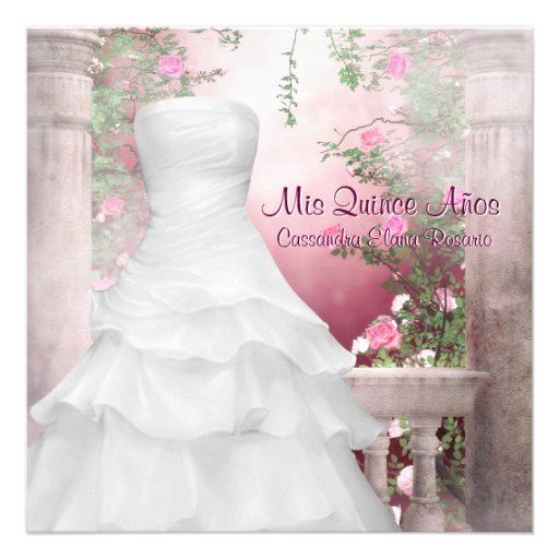 Ball Gown Pink Rose Quinceanera Invitations (front side)
