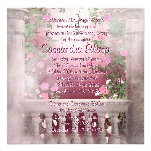 Ball Gown Pink Rose Quinceanera Invitations