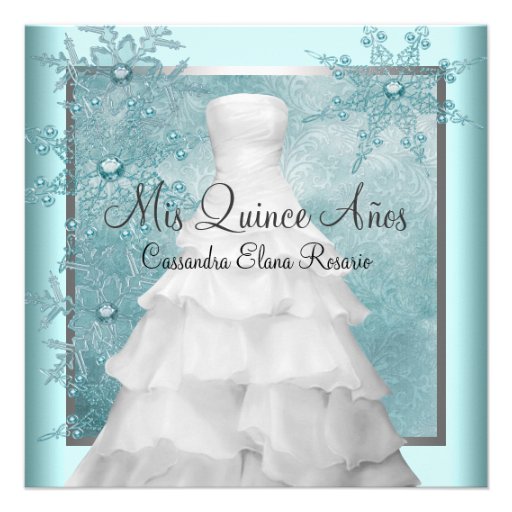 Ball Gown Teal Blue Winter Snowflakes Quinceanera Personalized Announcement