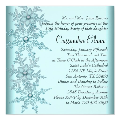 Ball Gown Teal Blue Winter Snowflakes Quinceanera Personalized Announcement
