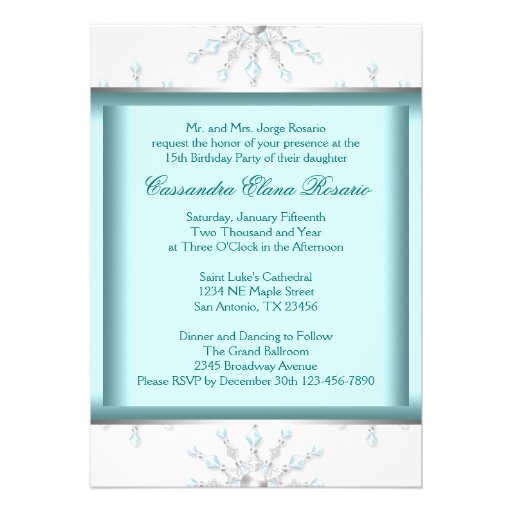 Ball Gown Teal Blue Winter Snowflakes Quinceanera Personalized Invitation