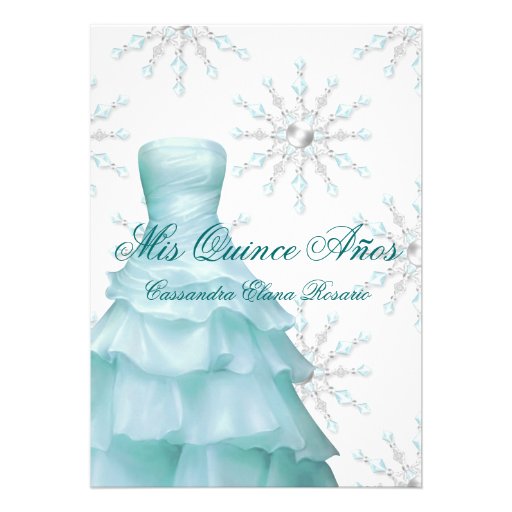 Ball Gown Teal Blue Winter Snowflakes Quinceanera Personalized Invitation