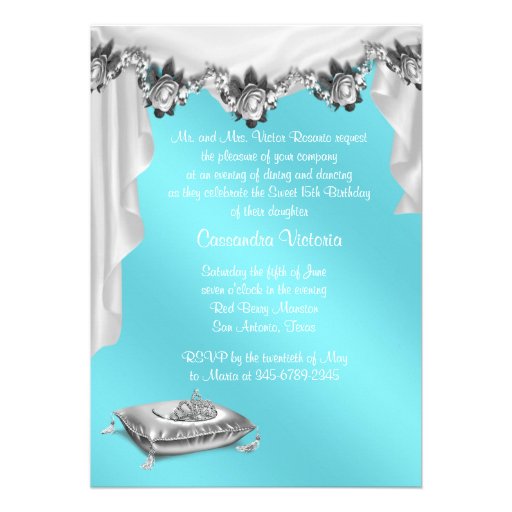 Ball Gown Tiara White Rose Teal Quinceanera Personalized Announcement