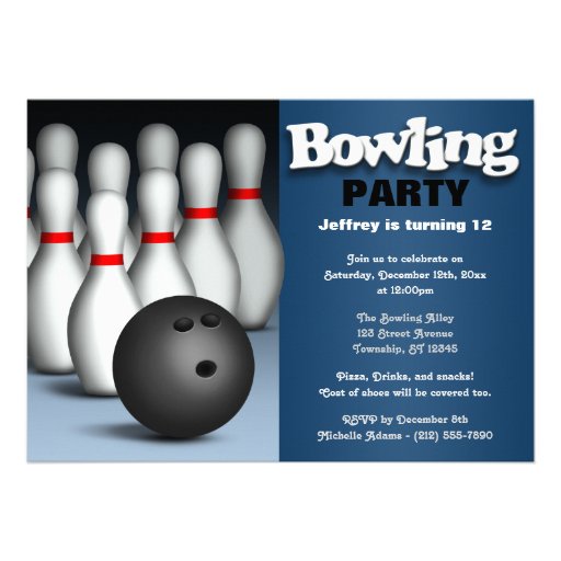 Ball & Pins Blue Bowling Birthday Party Invitation