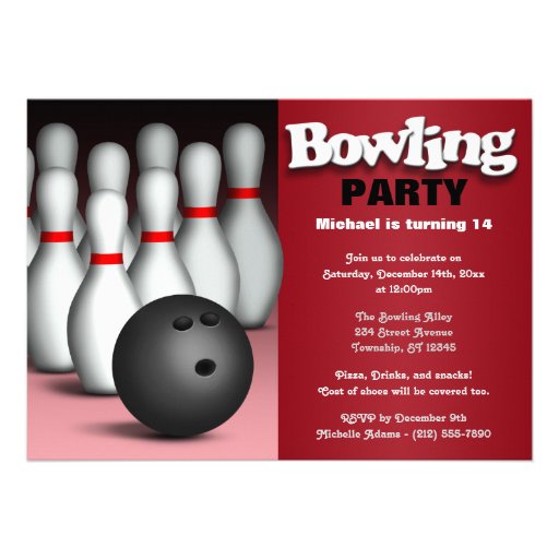 Ball & Pins Red Bowling Birthday Party Invitation