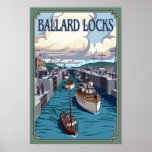 Ballard Locks - Seattle, WA Vintage Travel Poster