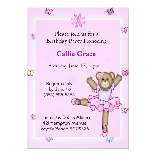 Ballerina Bear  Birthday Party Invitations