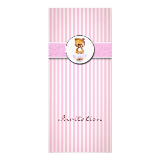 Ballerina Bear Pink White Candy Stripe Invitation