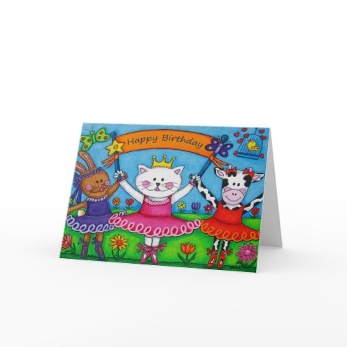 Adorable Ballerina Cat, Rabbit and Cow Children’s Happy Birthday Card by Lisa Lorenz