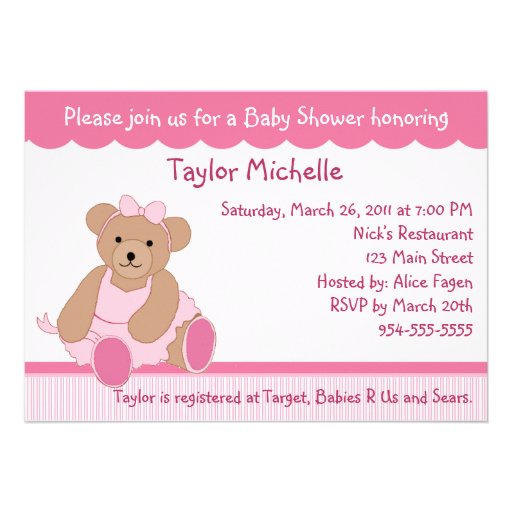 Ballerina Teddy Bear Baby Shower Invitation