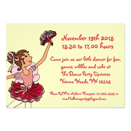 Ballet kids party red yellow invitation