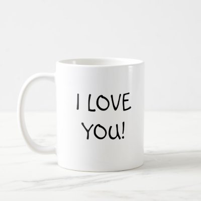 Balloon boy and girl have happy "in love" grins on one side and mug says "I LOVE YOU" on the other. ***You can change the saying, as well as the colour and 