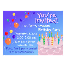 Balloon Festooned Pink Frosting Birthday Cake Personalized Announcement