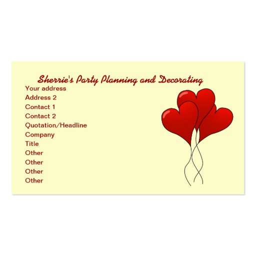Balloon Hearts Party and Birthday Business Card