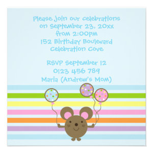 Balloon Mouse Blue 1st Birthday Party Personalized Announcements