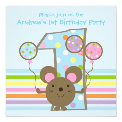 Balloon Mouse Blue 1st Birthday Party Personalized Announcements