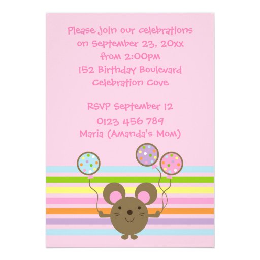 Balloon Mouse Pink Birthday Party Invitation