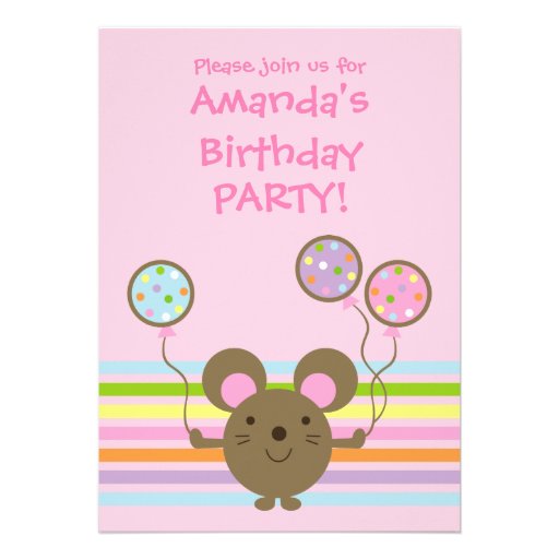 Balloon Mouse Pink Birthday Party Invitation