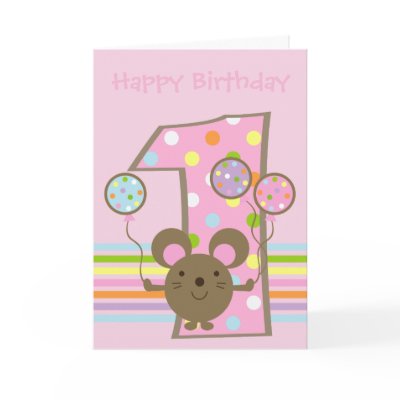 Balloon Mouse Pink Happy 1st Birthday Card by CelebrationBazaar