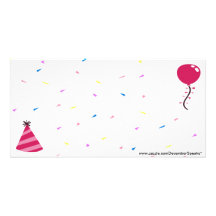 Balloon/Party hat & Confetti-pink Personalized Photo Card