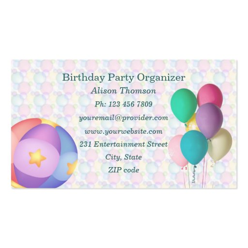 Balloons Birthday Party Organizer Business Card (front side)