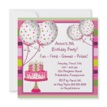 Balloons Cake Girls 4th Birthday Party Invitation