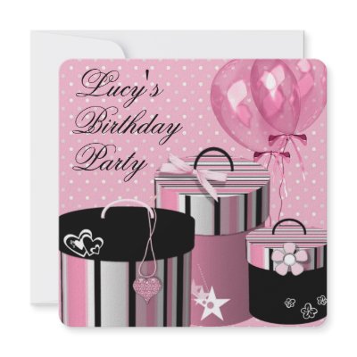 Balloons Gifts Girls Pink Black Birthday Party Custom Invites by InvitationCentral