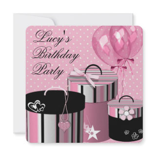 Balloons Gifts Girls Pink Black Birthday Party Custom Invites
