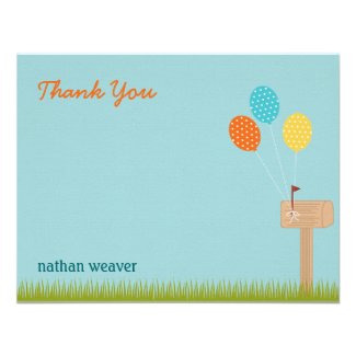 Balloons Sign Flat Thank You Card - Blue Personalized Invite