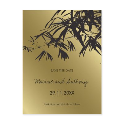 Bamboo Leaves Black + Gold Save The Date Postcard by fatfatin_red_knot
