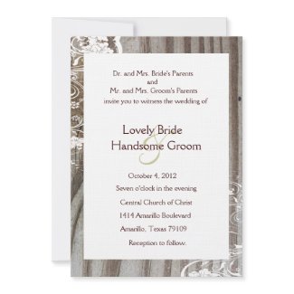 Banded Wood Shabby Lace Wedding Invitation, White