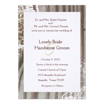 Banded Wood Shabby Lace Wedding Invitation, White