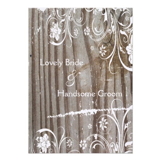 Banded Wood Shabby Lace Wedding Invitation, White