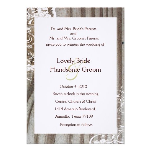 Banded Wood Shabby Lace Wedding Invitation, White