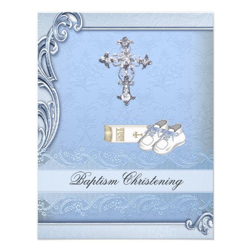 Baptism Blue Cross Boy Damask Bible Shoes Custom Invites