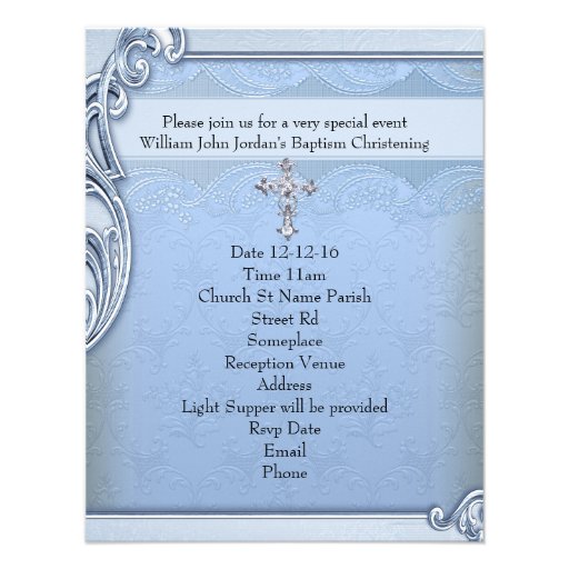 Baptism Blue Cross Boy Damask Bible Shoes Custom Invites