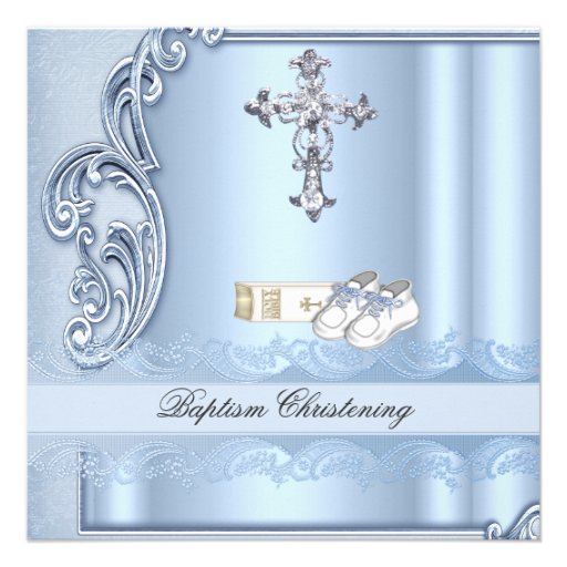Baptism Blue Cross Boy damask christening Invitation (front side)