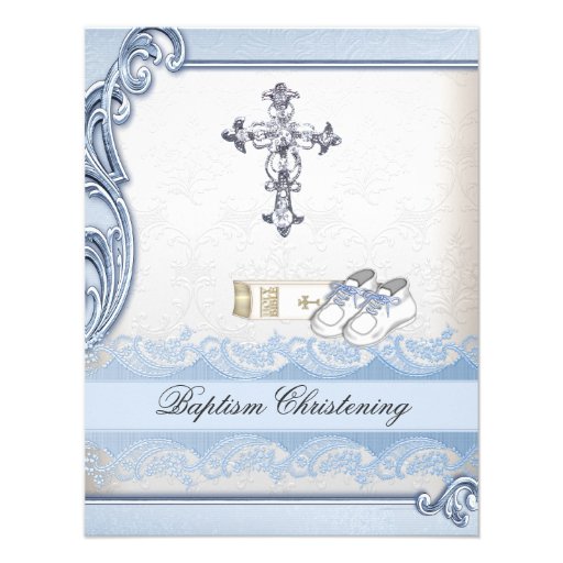 Baptism Blue White Cross Boy Damask christening Custom Invites (front side)