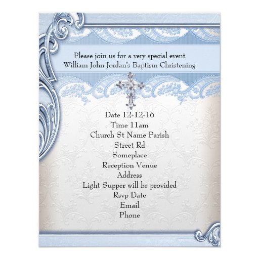 Baptism Blue White Cross Boy Damask christening Custom Invites