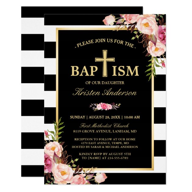 Baptism - Elegant Floral Gold Black White Stripes Card (front side)