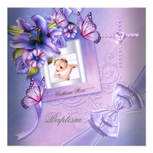 Baptism Girl Pink Purple Photo Christening Custom Invites
