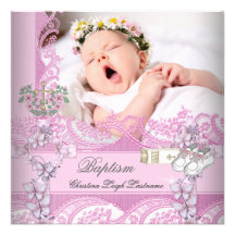 Baptism Girl Pink White Photo Christening Custom Invitation