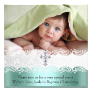 Baptism Mint Green Lace Photo Jewel Cross Boy Custom Invites