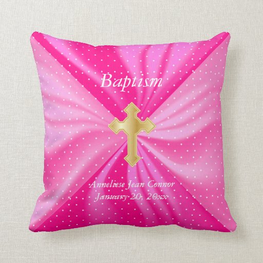 Baptism on Pink Polka Dot Satin Throw Pillow Zazzle