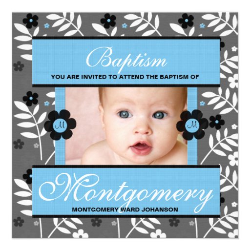 Baptism Photo Invitation for Baby Boy Monogrammed