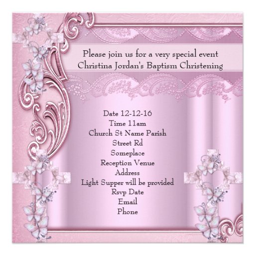 Baptism Pink Cross Girl Photo christening Invitation