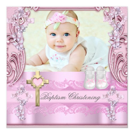 Baptism Pink Cross Girl Photo Christening Shoes Custom Invitation