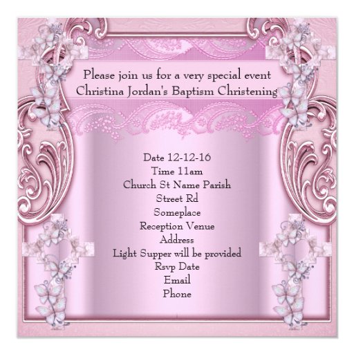 Baptism Pink Cross Girl Photo Christening Shoes Custom Invitation